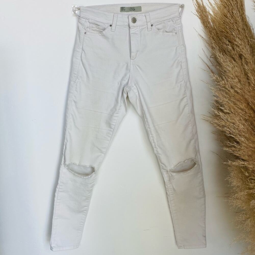 TOPSHOP Leigh Moto White Denim Distressed Ripped High Rise Skinny Jeans 25